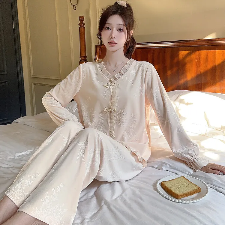 Autumn And Winter New Island Velvet Pajamas Women's V-neck Cardigan Long Sleeve Pants Set Classical Chinese Style Home Furnishin