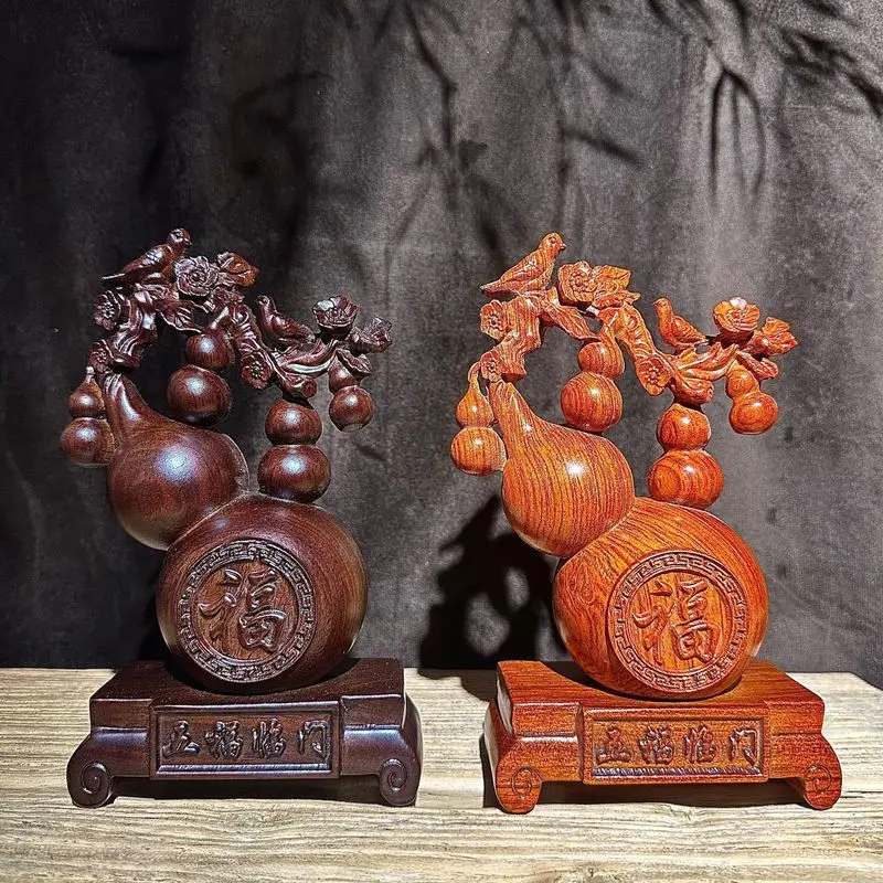 Ebony gourd ornament, rosewood carving, five blessings come to the home, living room decoration, magpie perching on plum blossom