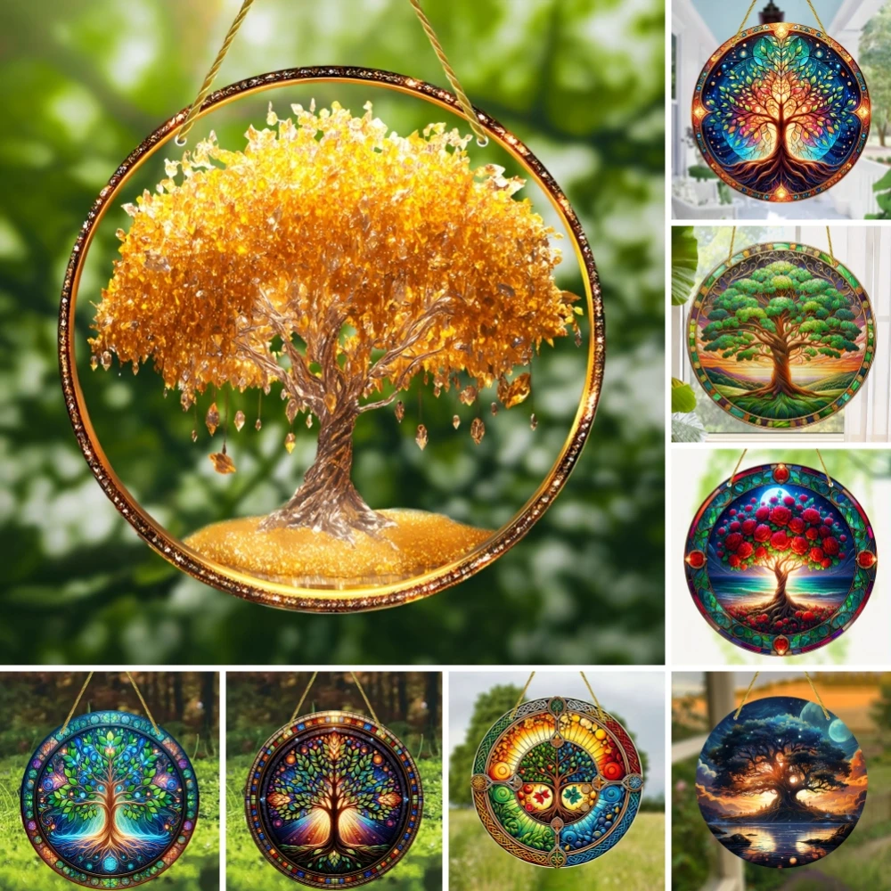 Tree of Life Symbol Suncatcher Acrylic Window Art Catcher for Prom Decor, Decorative Hanging Glass Window for Room, Garden Porch