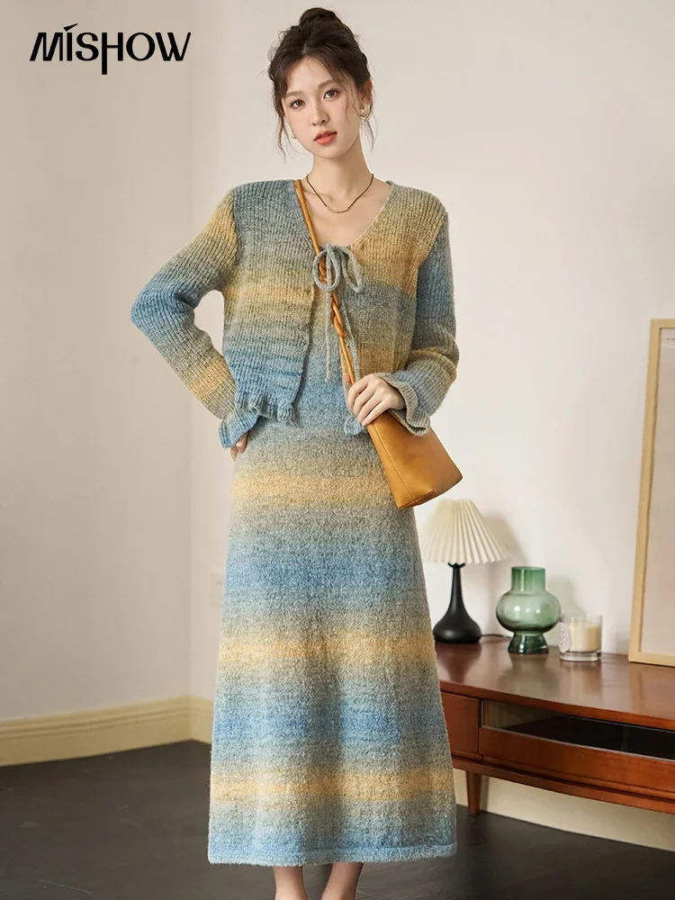 MISHOW Tie Dye Cami Knitted Dress Suit 2023 Autumn Winter Cardigan Top Long Skirt Gradient Separately Two-piece Sets MXC51Z0320