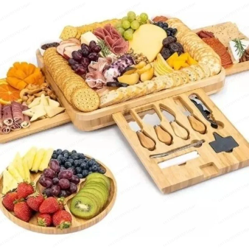 3-Drawer Bamboo Cheese & Cutting Board Set, Nordic Style Serving Tray with Knife for Fruit, Bread, Steak view 2