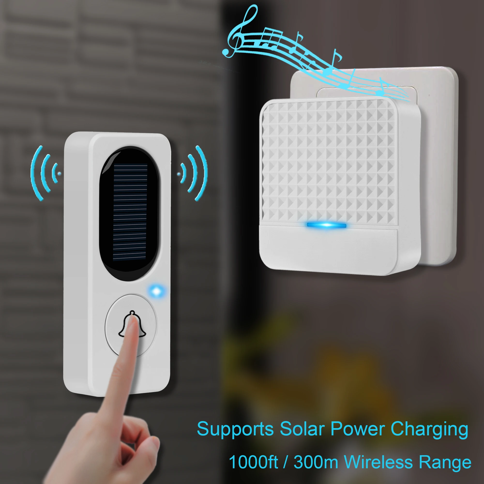 Nuovo campanello IP65 impermeabile senza fili alimentato a energia solare a lungo raggio da 300m con trasmettitore + Kit campanello per porta ricevitore spina EU UK