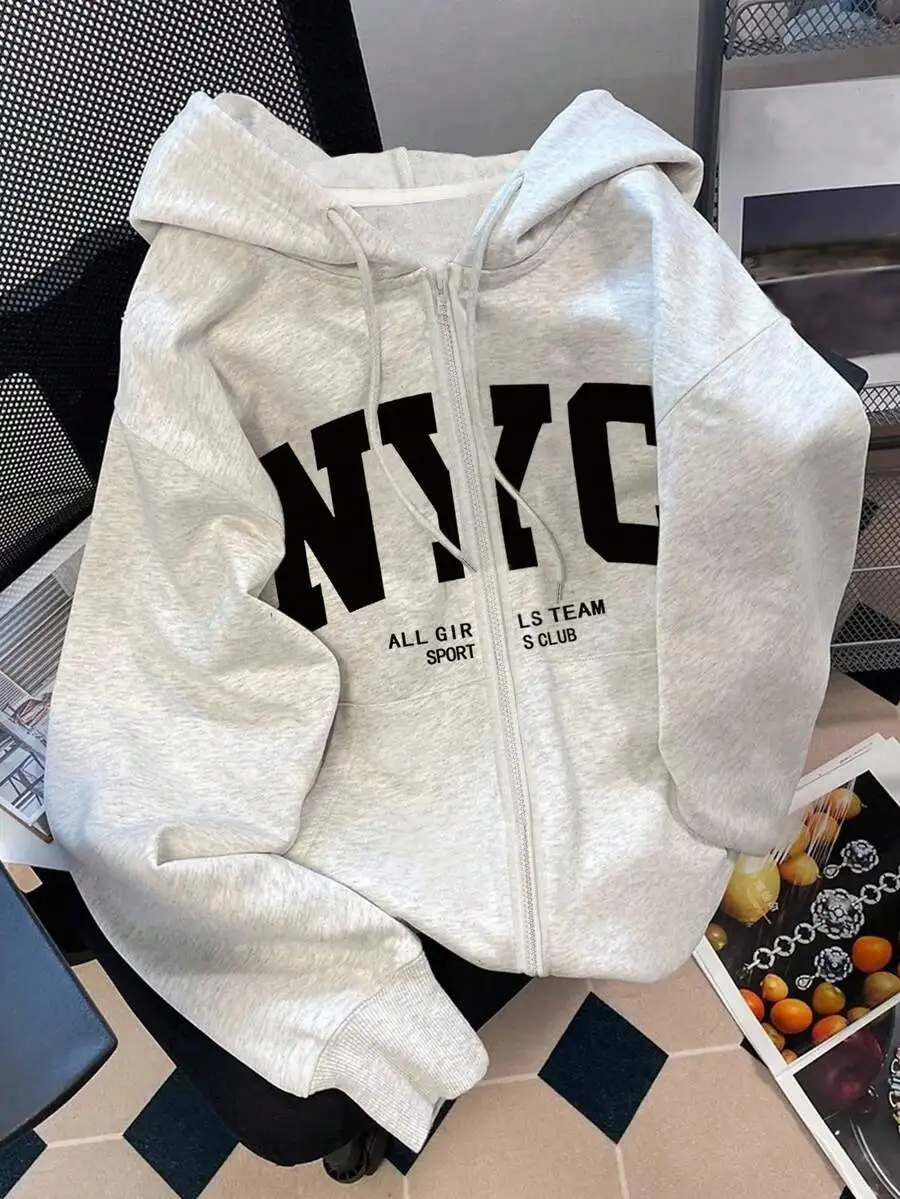 

Women's Zip-Up Hooded Sweatshirt with Bold Letter Print, Loose Fit, Winter Casual Wear