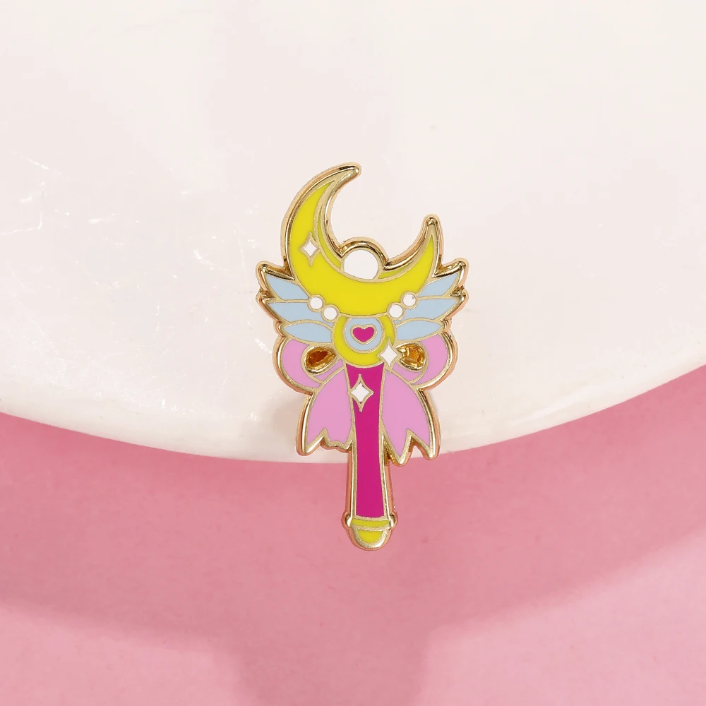 Moon Star Wand Enamel Pins Cute Magic Stick Brooches Wholesale Cosplay Jewelry