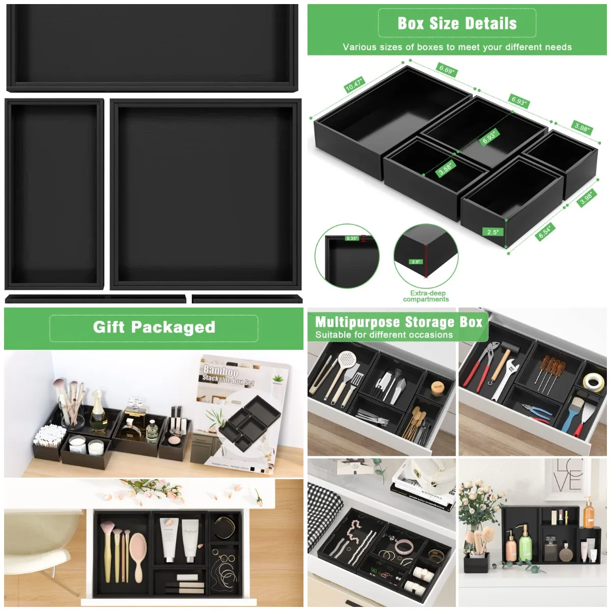 

Black Bamboo Drawer Organizer, 5-Piece Stackable Storage Trays for Kitchen, Bathroom, Office – Wooden Utensil & Jewelry Dividers