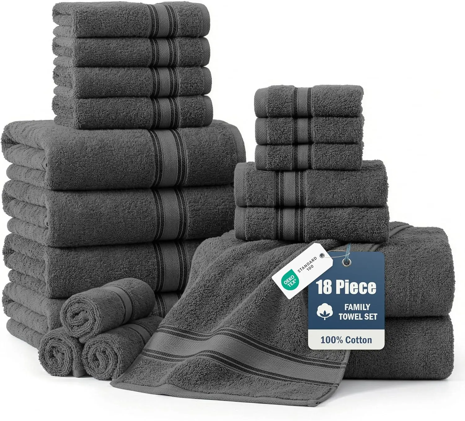 

Набор из 18 полотенец из 100% хлопка: 6 банных, 6 для рук и 6 для умывания, без скручивания, с высокой впитываемостью, мягкие после стирки - серый цвет