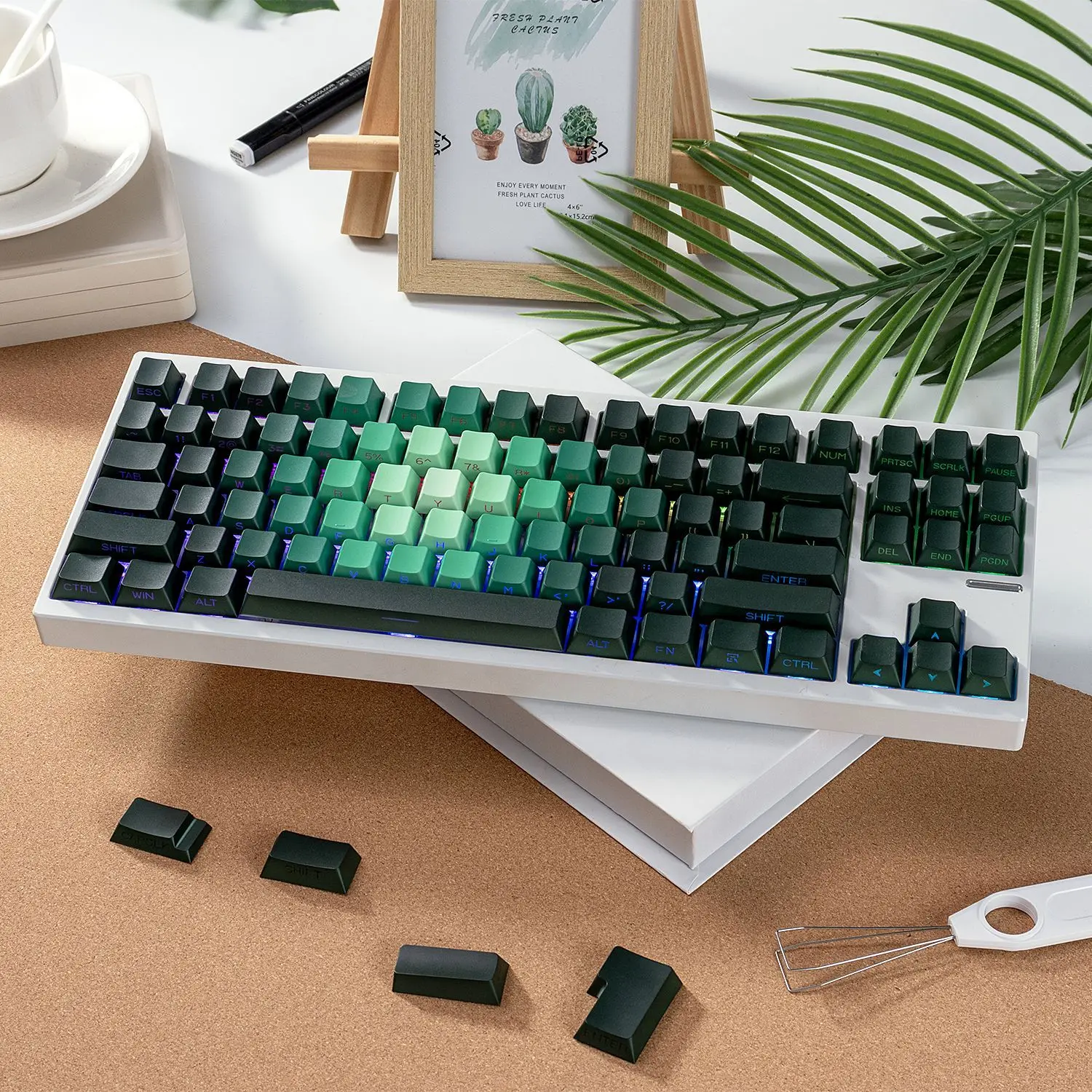 Green rose keyboard keycaps PBT hot sublimation customization spring gradual change side engraved light original wooting