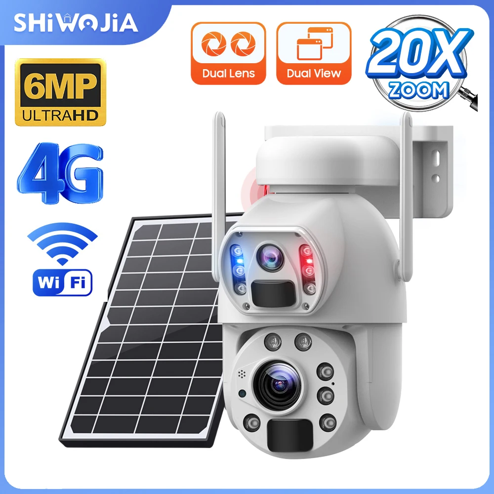 SHIWOJIA 3K 6MP Solar 4G Camera 360° 20X Zoom Dual Lens Recording Humanoid Tracking Outdoor WIFI Camera Metal Waterproof CCTV