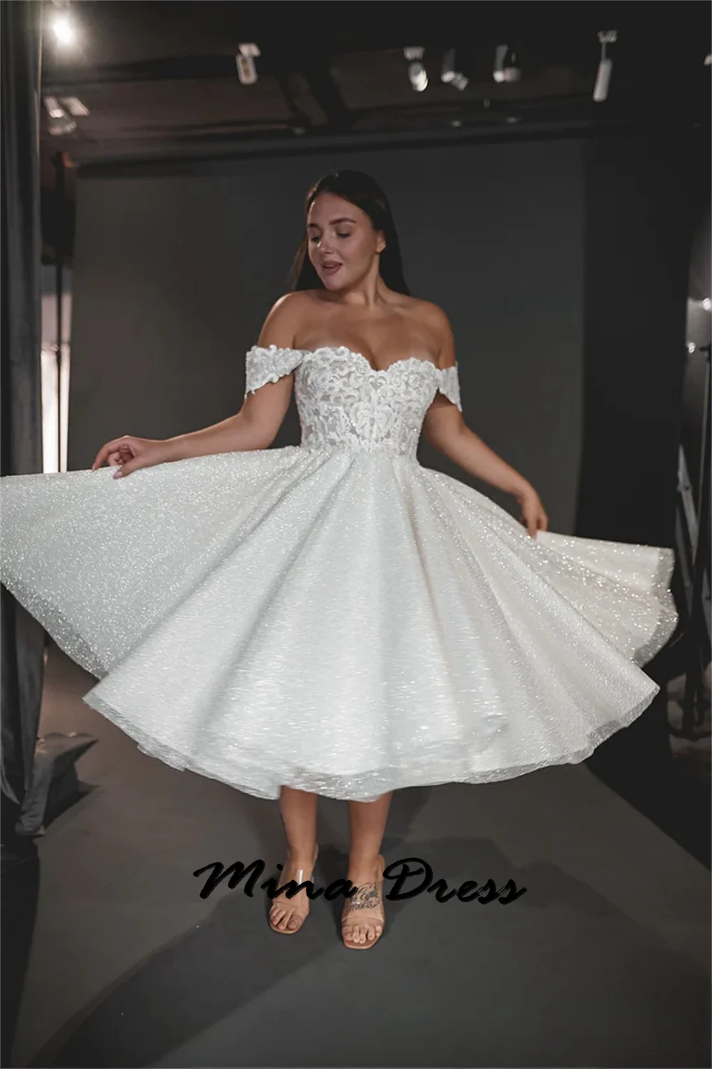 

Mina-2024 Off the Shoulder White Lace Applique Elegant Sleeveless Ankle Formal Evening Dress