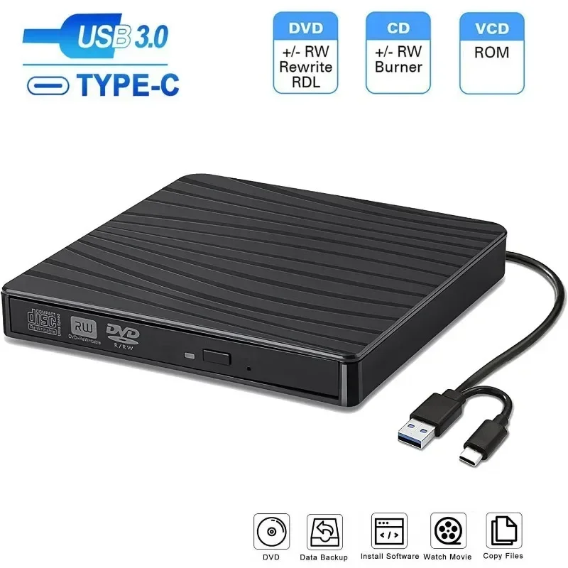 

USB 3.0 Type C Portable DVD CD+/-RW External Burner Optical Drive ROM Disk Reader For Laptop PC Desktop MacBook iMac Windows11