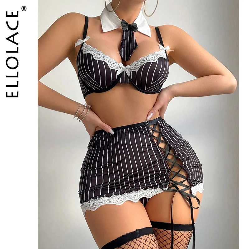Ellolace Halloween Women's Lingerie Sets Attractive Cosplay Bra Skirt Thong 3PC with Collar&Stockings Tempted Office Lady Kit