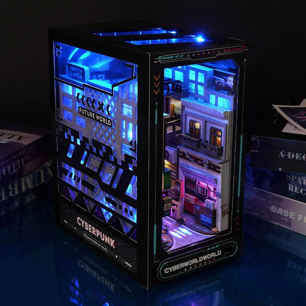 Cyberpunk Book Nook Kits for Adults Bookshelf Insert Decor Alley 3D Wooden Puzzle Bookend DIY Craft Kits Gift with LED Light