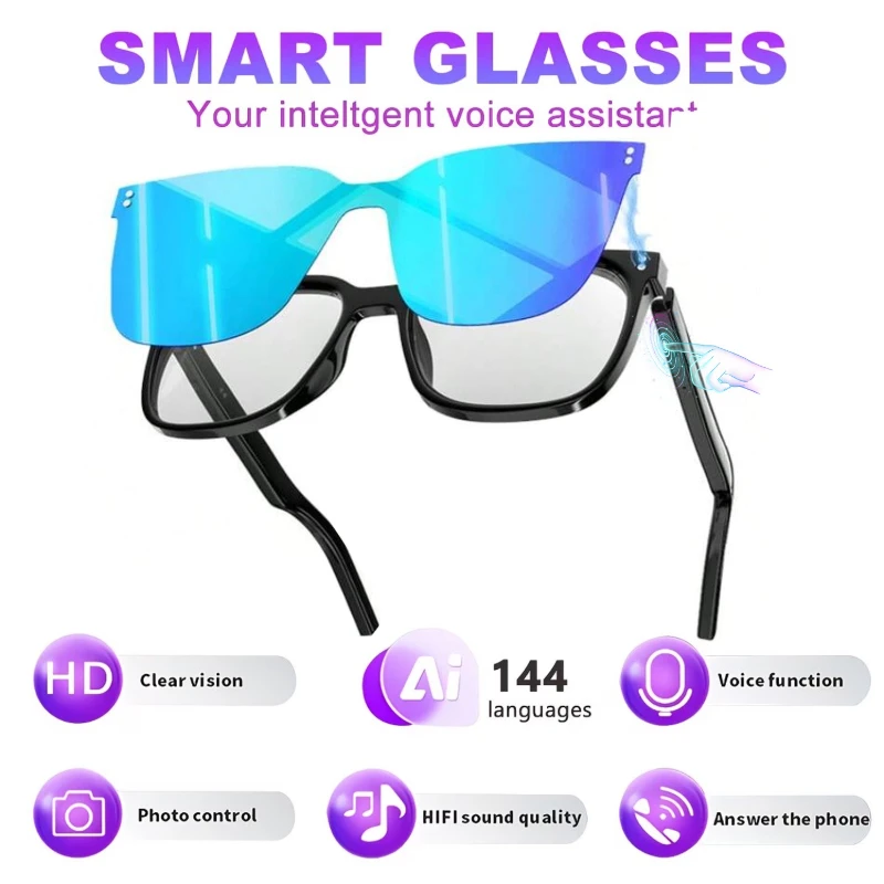 Smart AI Translation Eyeglasses,Wireless Bluetooth Glasses,100+ Language Translation Supported by Mobile APP,Transparent Anti‑Blue‑Light Lens,Magnetic Clip‑on,360 °   Surround Stereo Sound