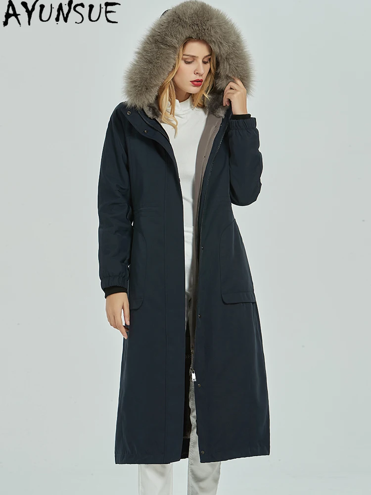

AYUNSUE Rex Rabbit Fur Coat 2025 Real Fur Parka Women Winter Clothes Warm Fox Fur Collar Mid-length Womens Coats Пальто Женское