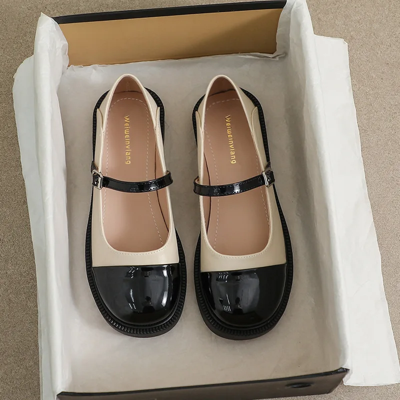 

Thick soled Mary Jane Spring and Autumn one word with color matching vintage soft sole single shoes thick heel preppy women's sh