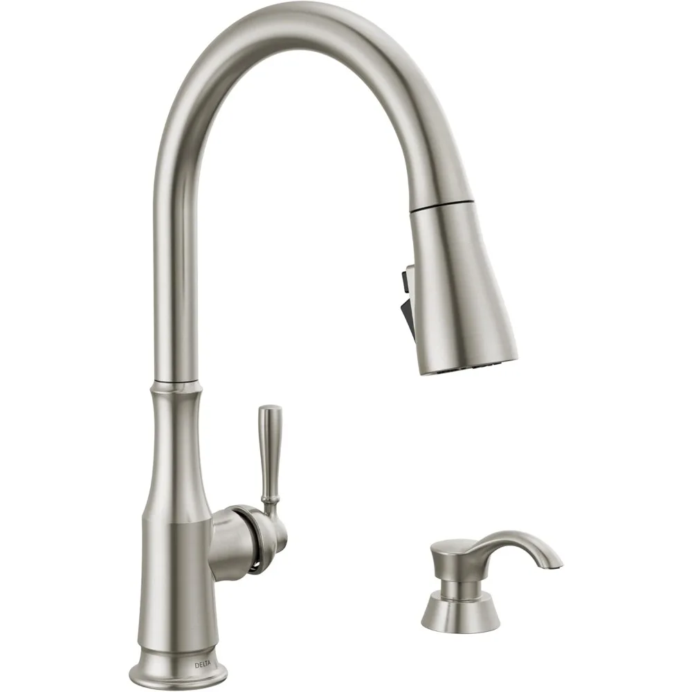 

Modern Brushed Nickel Pull-Down Spray Kitchen Faucet with Soap Dispenser, Single Hole Sink Fixture
