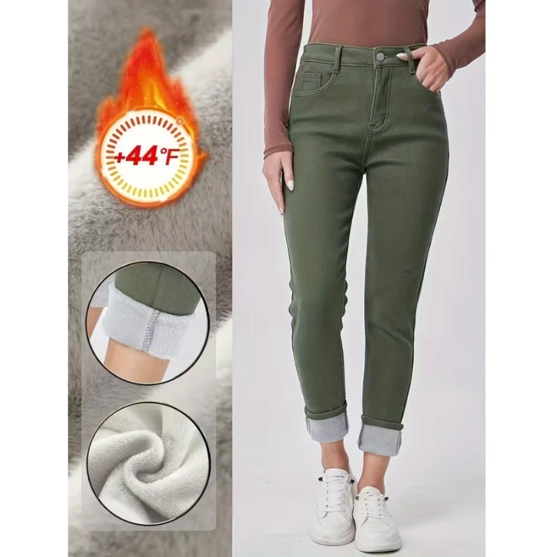 Velvet Colored Cowhide Winter New Versatile Stretch Jeans, Plus Size Casual Minimalist Jeans