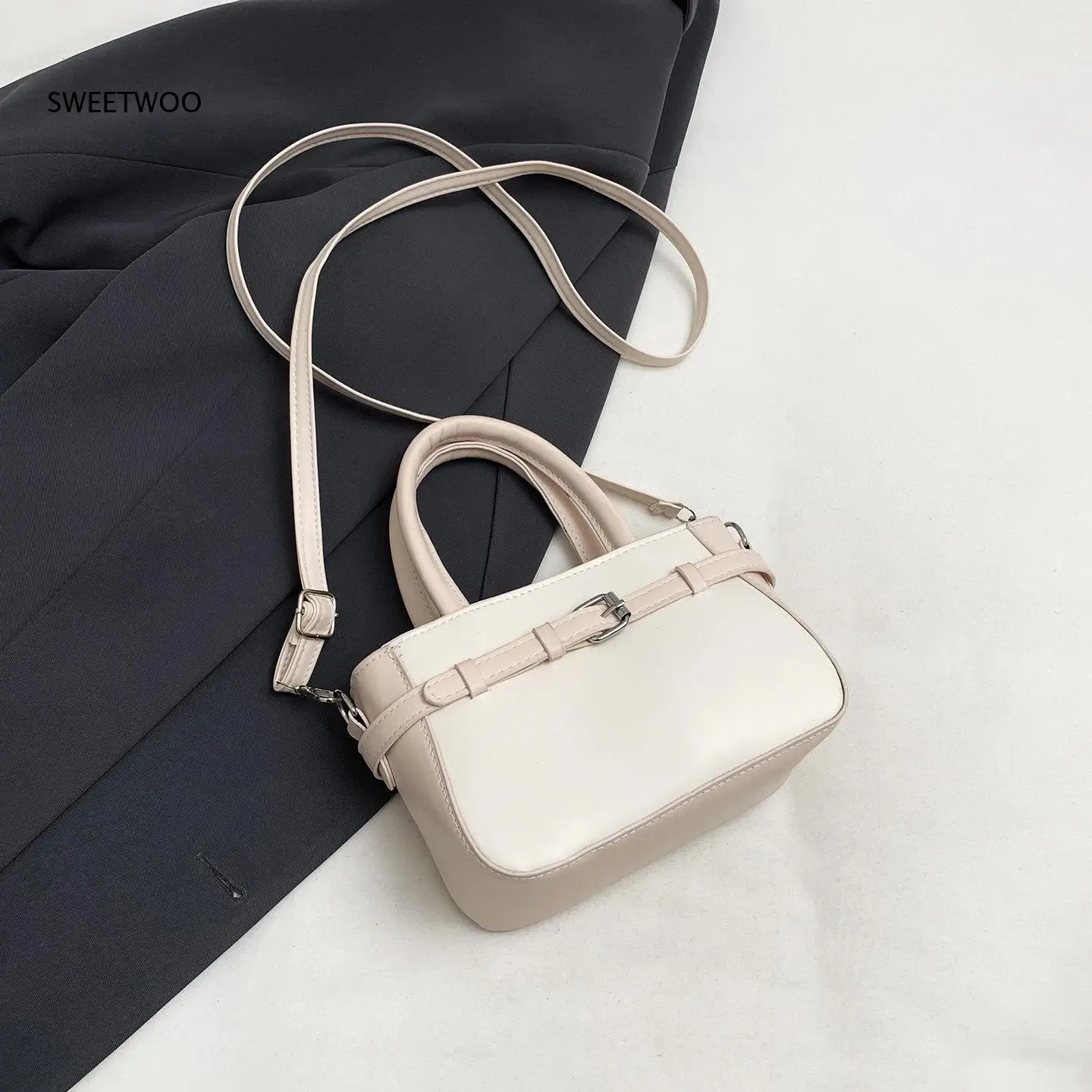 Women Color Block Mini Tote Handbag Buckle Decor Top Handle Bag Detachable Crossbody Strap Daily Small Shoulder Purse