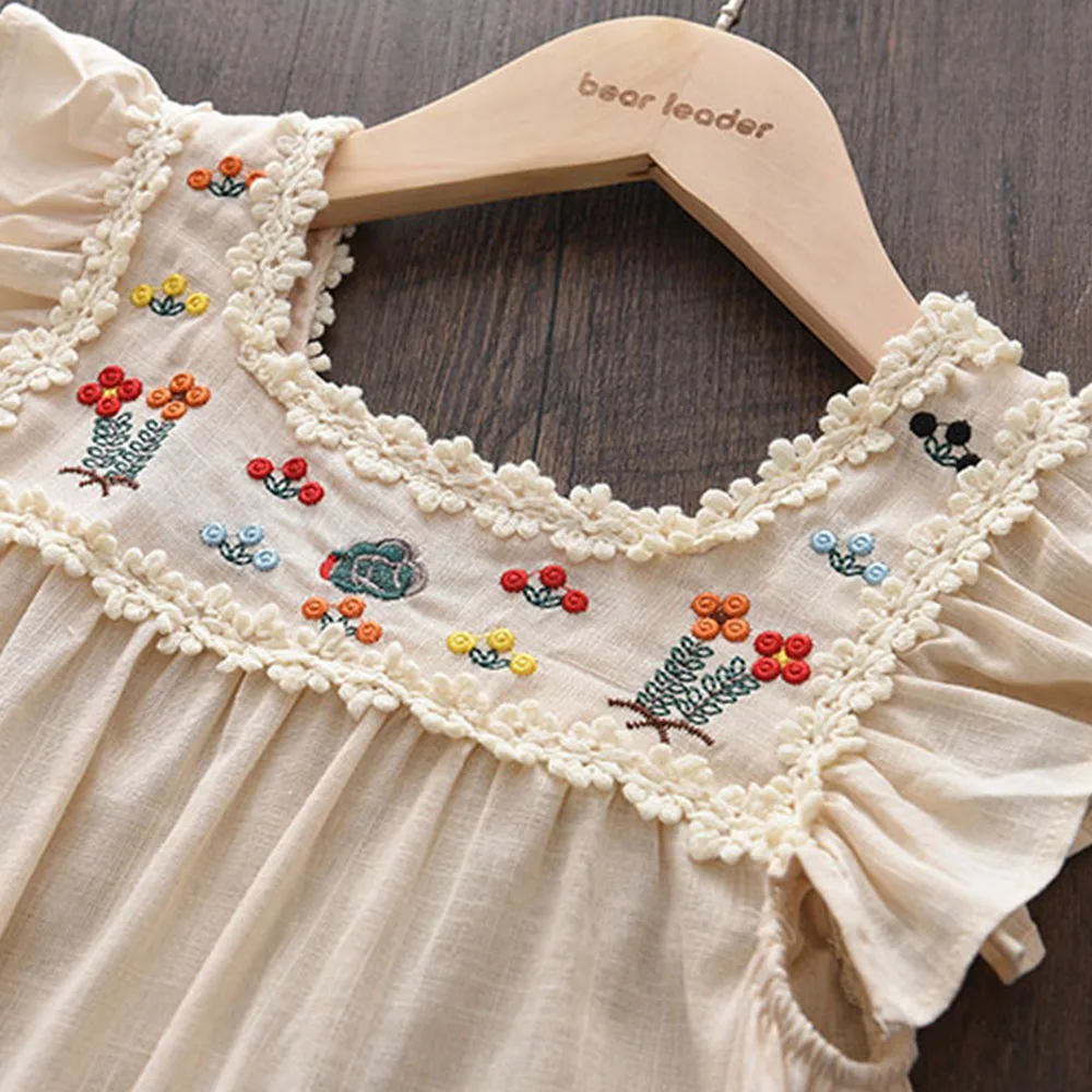 Robe en dentelle brodée de fleurs pour filles, robes décontractées pour tout-petits, manches volantes douces, vêtements de princesse, nouvelle mode, été, 2-6 ans