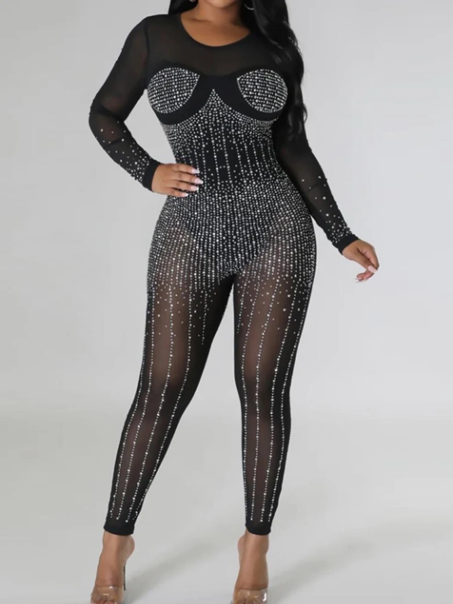 Sexy Mesh Sleeve Rhinestone Long Skinny Jumpsuit