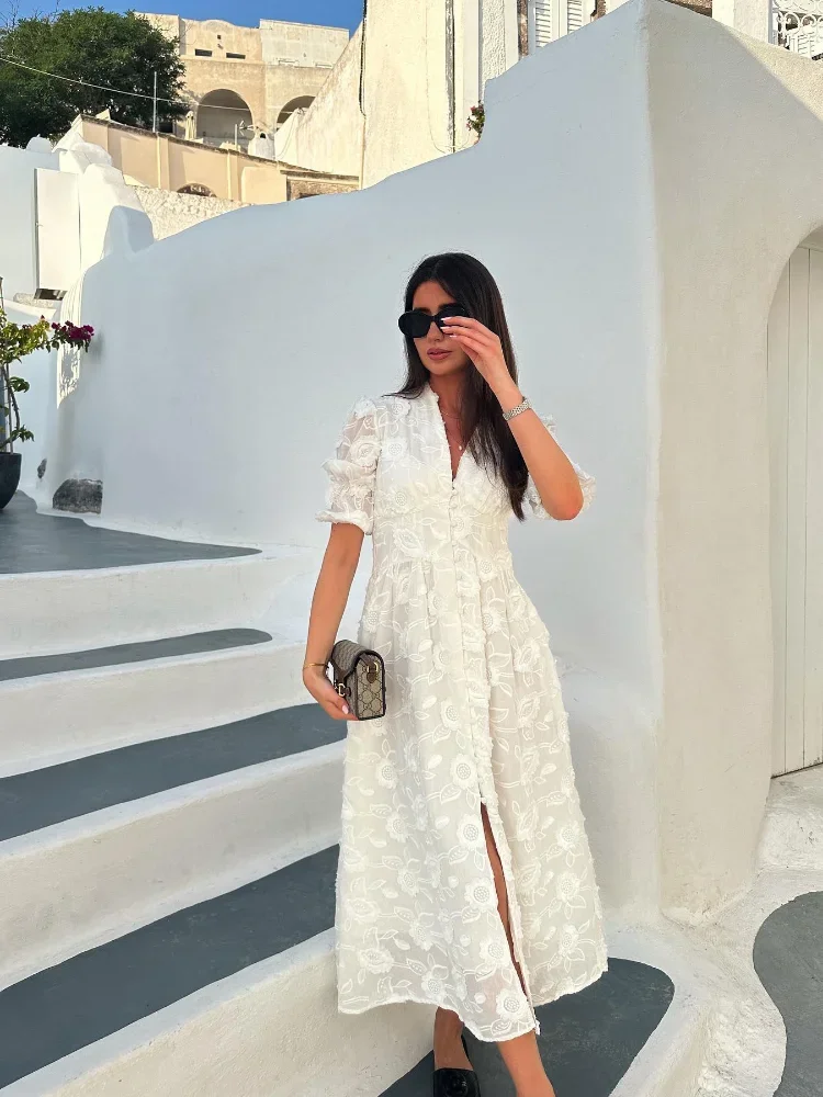 

Elegant White Party Long Dress Women's Luxury V-neck Printed Single Breasted Split Evening Robe 2024 New Chic Street Dresses