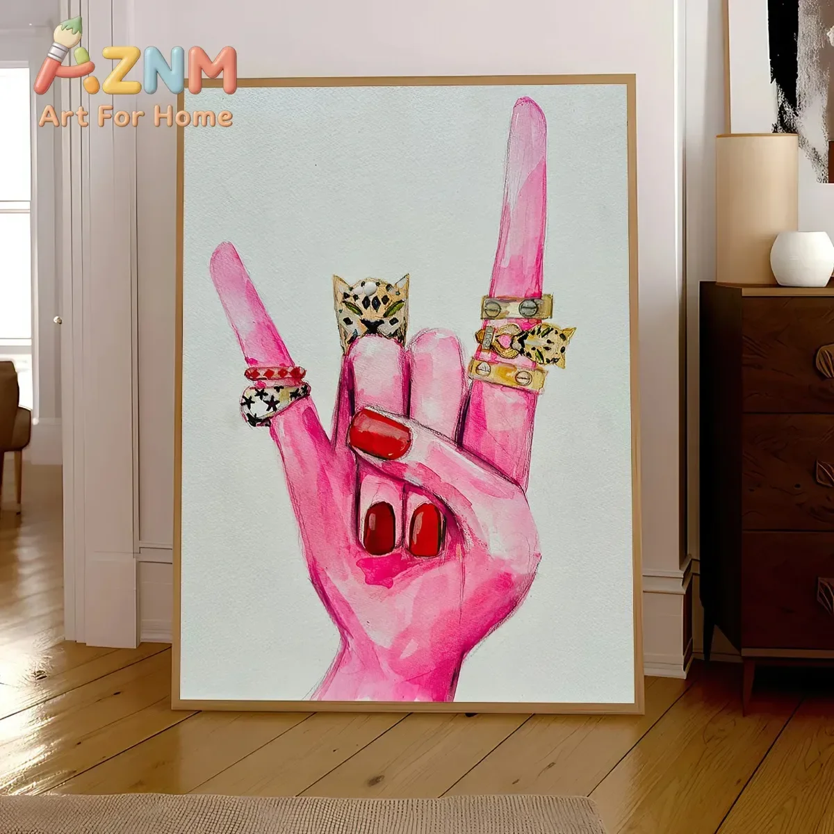 Pink Hand Gesture & Ring Canvas Print Poster Modern Trendy Female Hands Aesthetics Art Prints Living Room Wall Art Home Decor