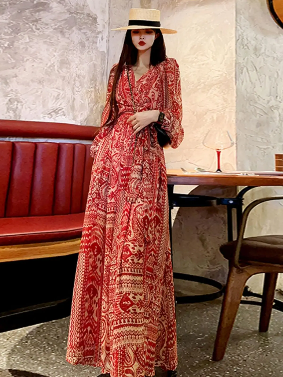 Ankle length dress French gentle romantic waist cover elegant coffee break dress  vacation ethnic style dress fairy