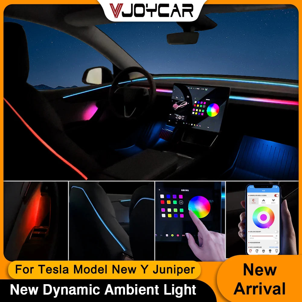 

Vjoycar динамический окружающий свет для модели Tesla New Y Juniper, воздуховыпускное отверстие, атмосфера двери, дыхание, проемка для ног, комплект ламп для приветствия