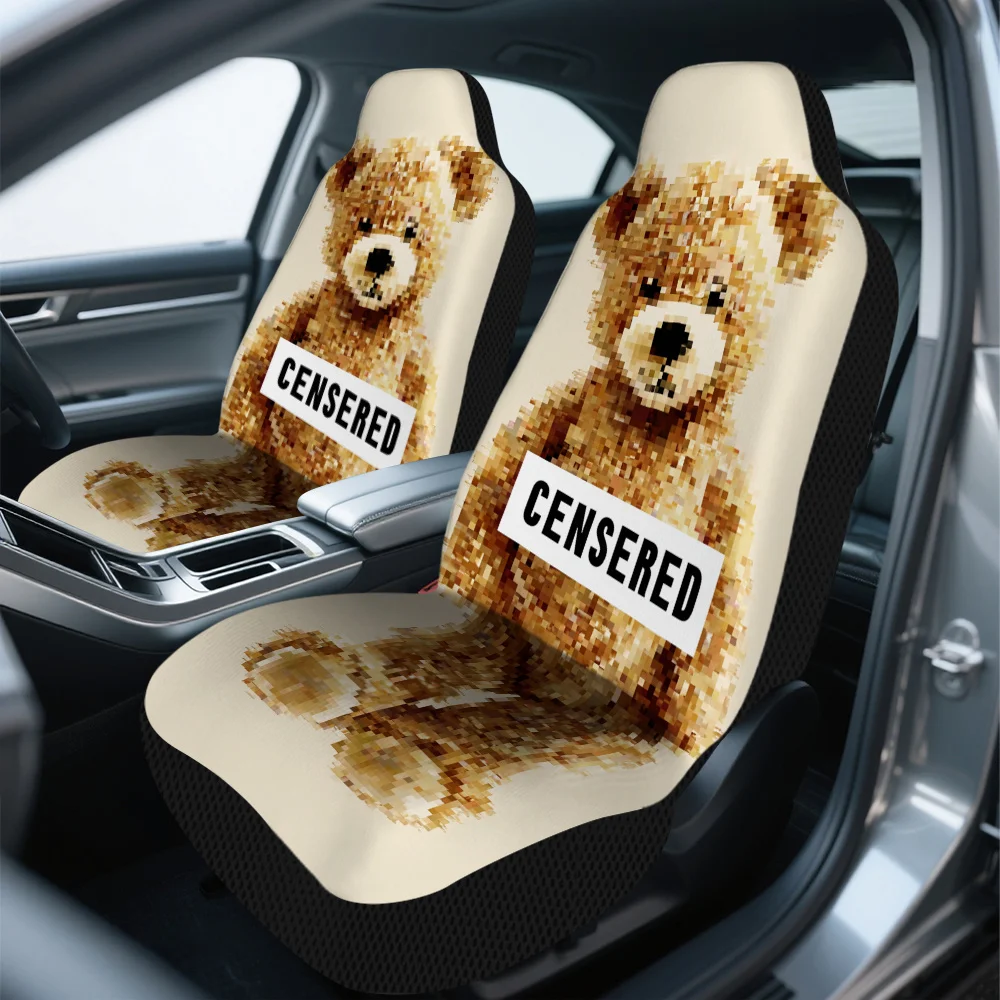 2D Flat Printing, 2pcs, Stylish Pixelated Teddy Bear Design Front Seat Covers, Perfect Fit For Single Front Seats, Enhances In