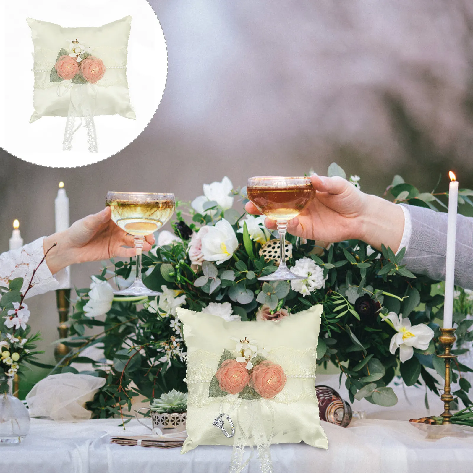 Wedding Ring Pillow White Flower Design Compact Lightweight Wedding Supply Ring Cushion Holder Decorative Gift for Bride