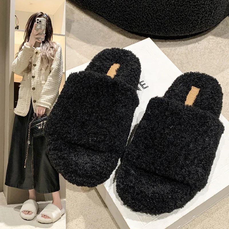 Purple Lambswool Slide Mules Woman Thick Sole Curly Teddy Fur Slippers Ladies Fashion Fluffy Plush Sandals Warm Home Shoe