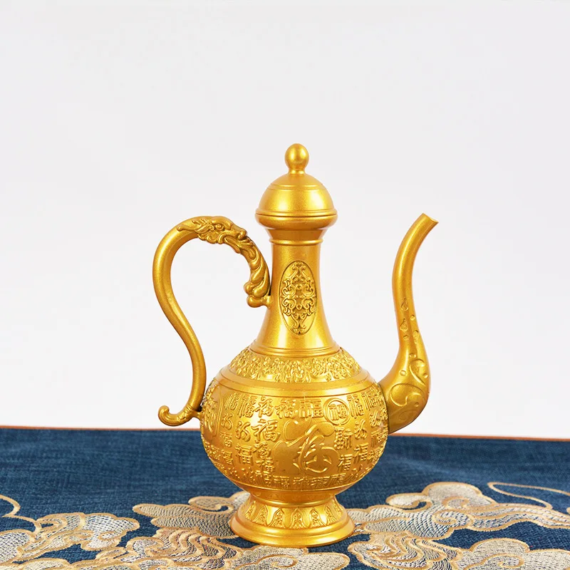 Large, all-brass, long-spouted wine carafe with a hundred blessings design Indoor tea table, wine pot, copperware, and decorativ