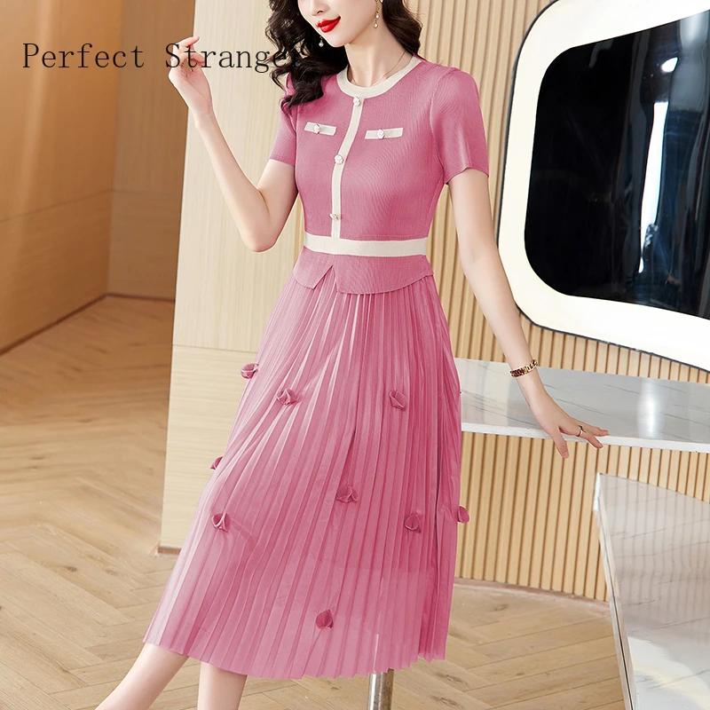 Sanzhai Falten kleid Sommer Frauen O-Ausschnitt Blütenblatt Dekoration elastischen Rock Slim Fit große schlanke knielange Kleid Robe