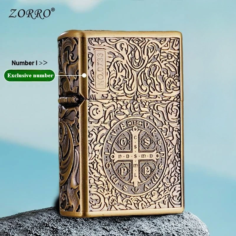 Zorro Retro Chinese Style Thickened Metal Kerosiene Lighter, 5-sided Relief Craftsmanship, Retro Windproof, Holiday Gift