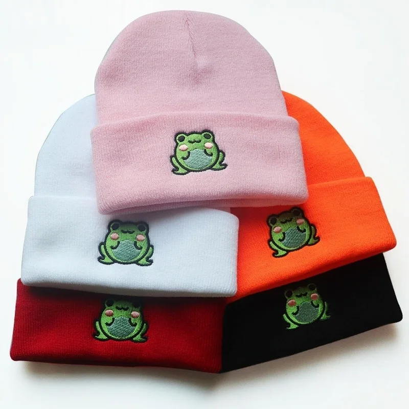 

Embroidery Frog Crochet Beanie Winter Warm Knit Hat with Hip Hop Style Unisex Streetwear Skullies for Outdoor