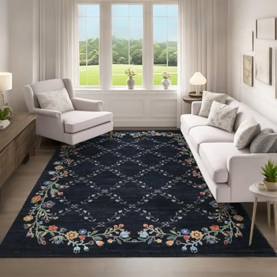 

5x7 Washable Floral Area Rugs for Living Room and Bedroom: Modern Non Slip Large Machine Washable Low Pile Carpet with NonSlip