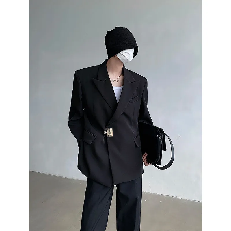 

Yasui Style Men's Suit Retro Metal Buckle Jacket Simple Mature Spring Polyester Fiber Long Sleeve Regular Length Single Button