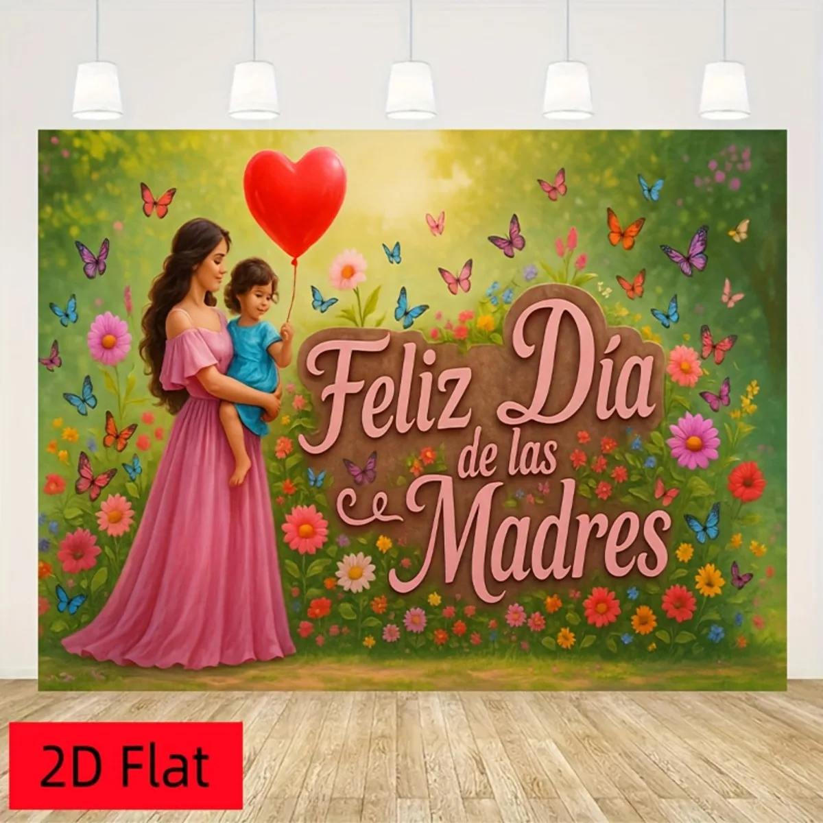 مسطح ثنائي الأبعاد، قطعة واحدة من خلفية عيد الأم الإسبانية - خلفية تصوير على شكل فراشة زهرية مع نص "Feliz Dia de las Madres"، وردي F #4