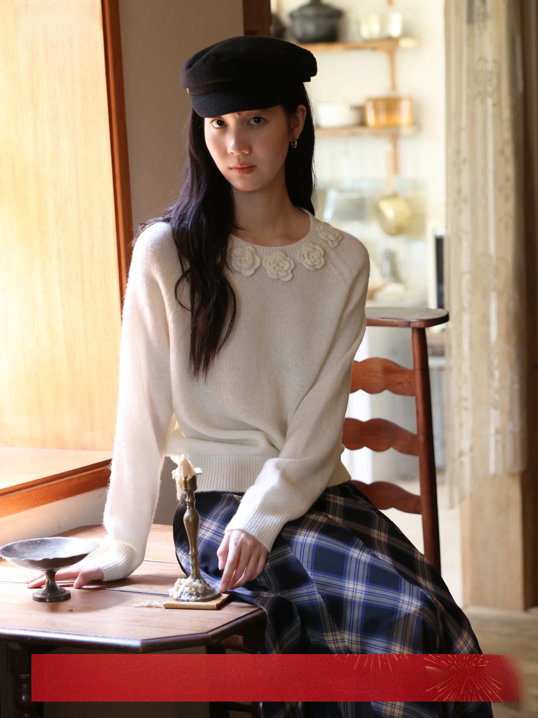 

MUNNS White Handmade Hook Needle Flower Knitted Sweater Soft Wool Base irt French Sle Daily Wear round Ne Long Sve