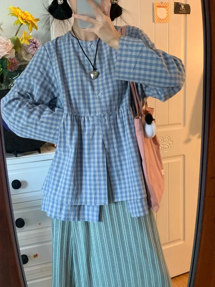 Blauw geruit overhemd dames Japanse schattige ronde hals losse split ontwerp blouses lente preppy stijl losse tops met lange mouwen