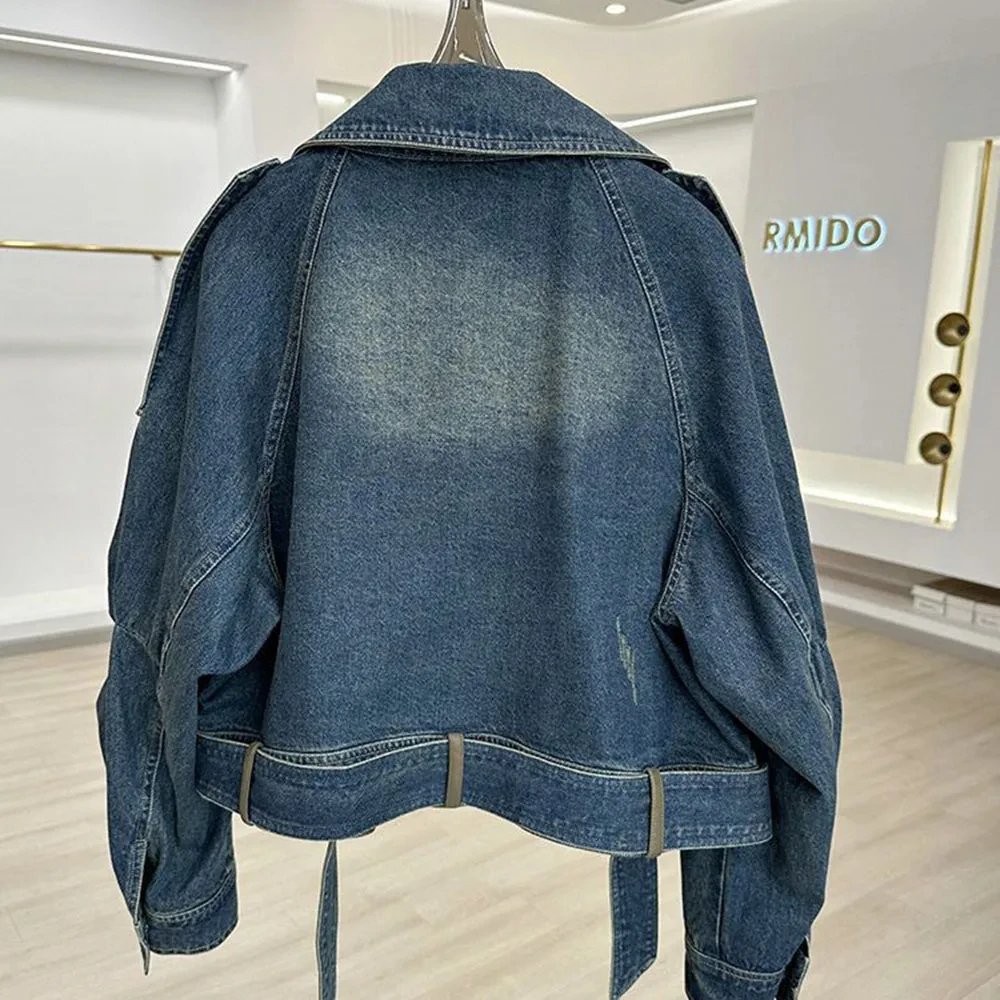 Women\'s Cropped Denim Jacket Retro Distressed Patchwork Leather Denim Coat Casual Loose Long Sleeve Jean Jacket Coat with Belt