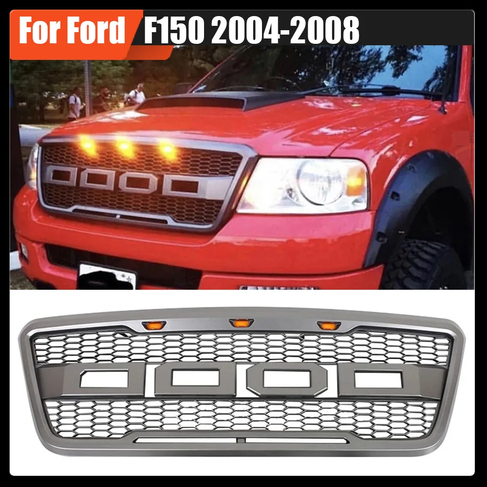 

Modified Raptor Style Grey ABS Front Grill Bumper Hood Mesh Grille with Amber LED Lights And+Letters For Ford F150 2004-2008