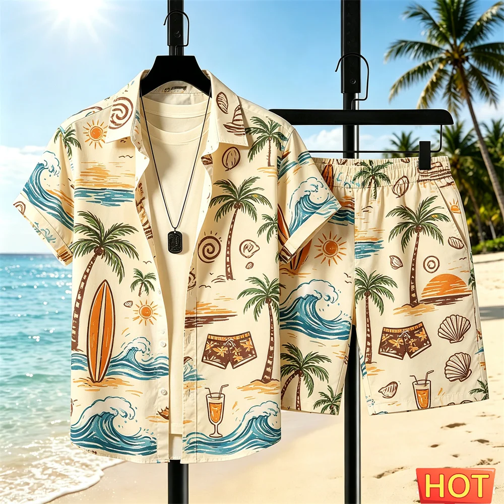 Hawaiian vacation Men's shirt set Summer men's Casual Two-piece set Digital Print Seaside shirt+shorts set Men vacation clothing