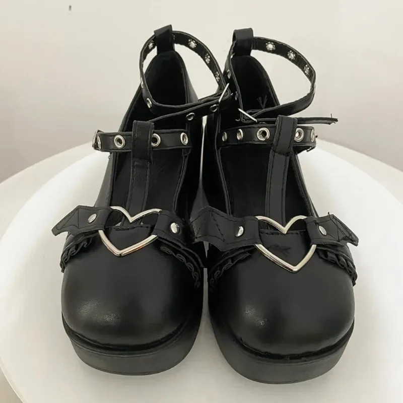 New Sweet Heart Buckle Wedges Mary Janes Women Pink T-Strap Chunky Platform Lolita Shoes Woman Punk Gothic Cosplay Shoes 43 view 4