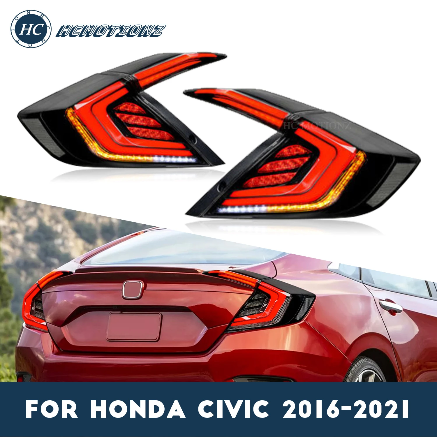 HCmotion LED Tail Lights for Honda Civic 2016-2021 Rear Back Lamp Assembly DRL Start UP Animation Styling Back Light Accessories