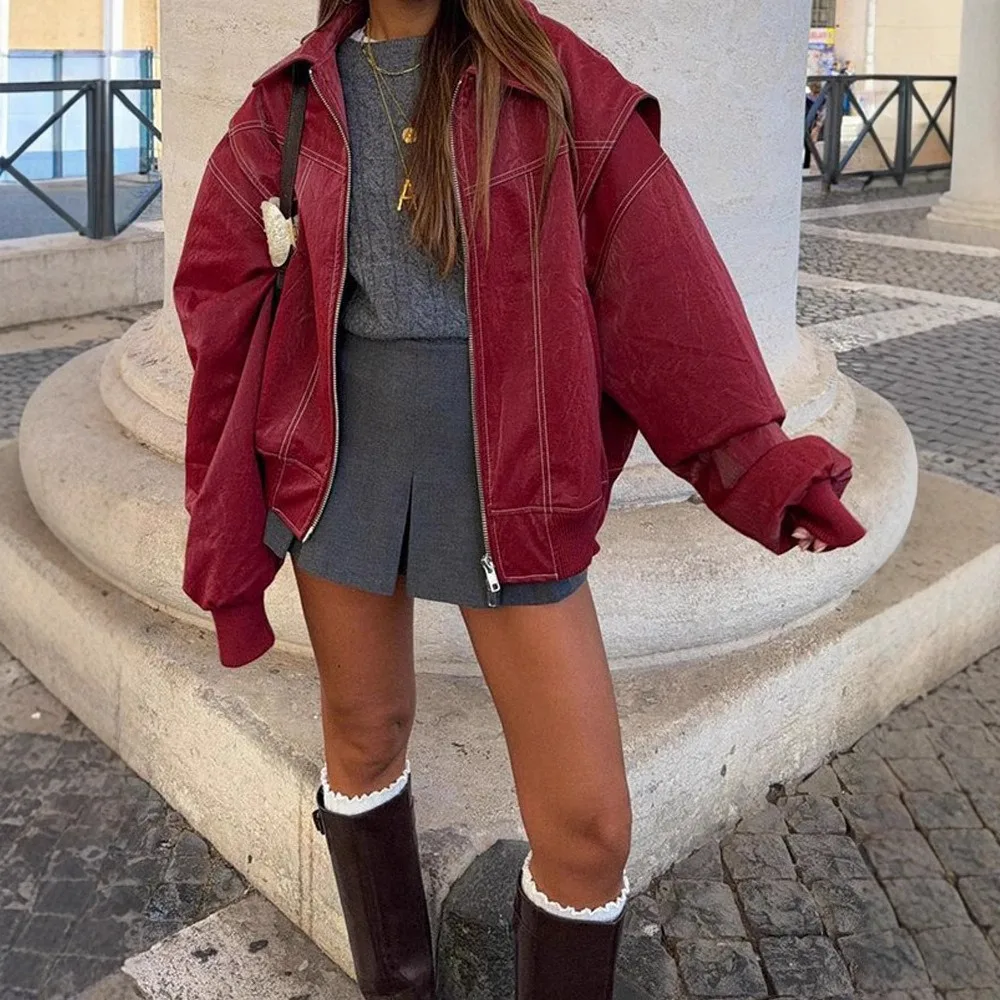 

New European and American Lapel Zipper Long-sleeved Jacket Loose Street Fashion American Leather Jacket