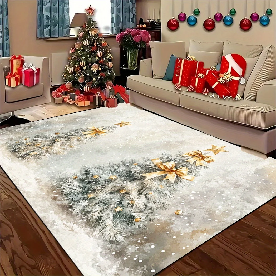 1pc Christmas Tree Area Rug, Golden Ribbon & Star Pattern, Washable Holiday Mat for Living Room, Dining Room, Bedroom