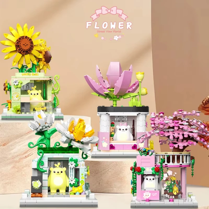 

LEDBuilding Blocks Street View Flower Shop Assembly Toy Set Luminous Building Model DIY Creative Flower Birthday Gift