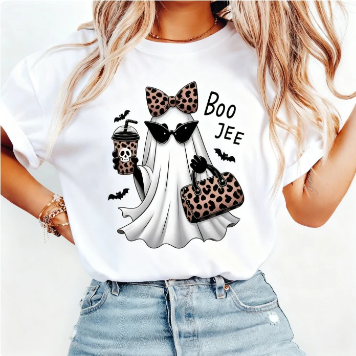 2025 Boo JEE موضة شبح تي شيرت ليوبارد طباعة اكسسوارات هالوين وقح الروح القطن قميص عصري لطيف مخيف