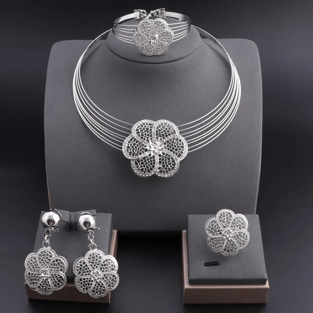 Silver Plated Jewelry Sets For Women Necklace Earrings Set Designed For Women Wedding Party Prom Jewelry